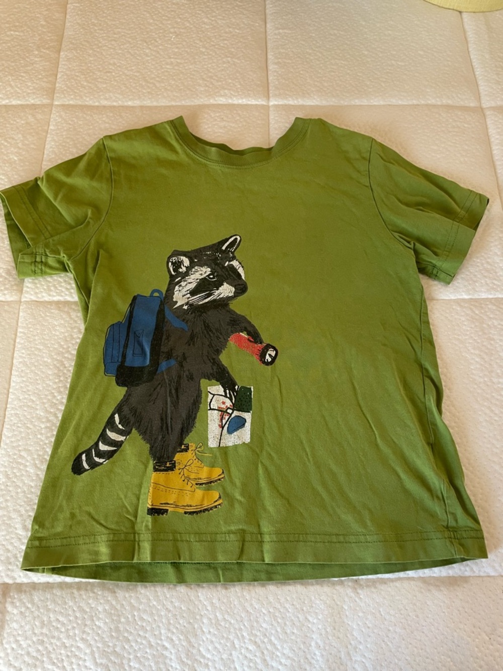 Hanna Andersson Green Raccoon Tee with Blue Backpack and Yellow Boots